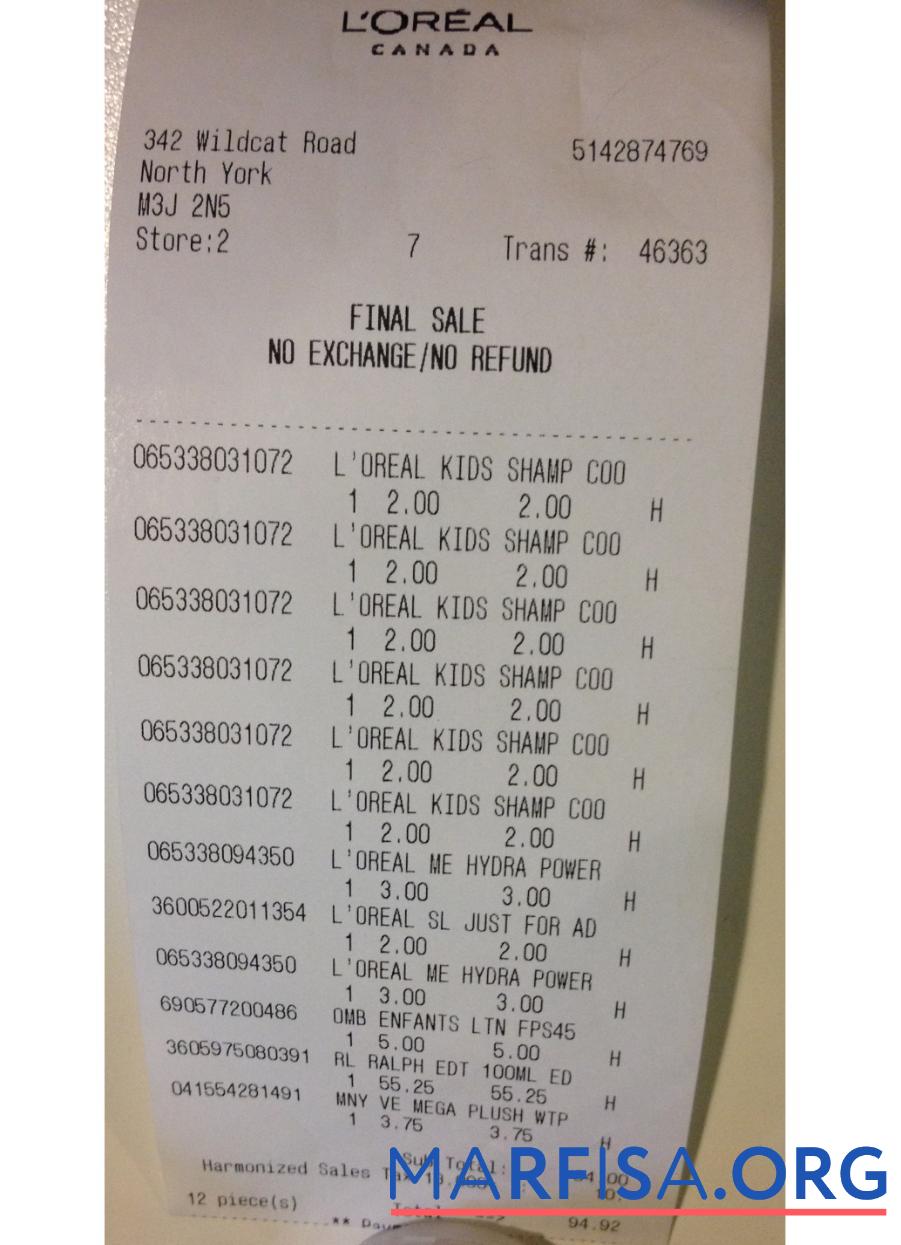 Blank Canada Loreal payment check example